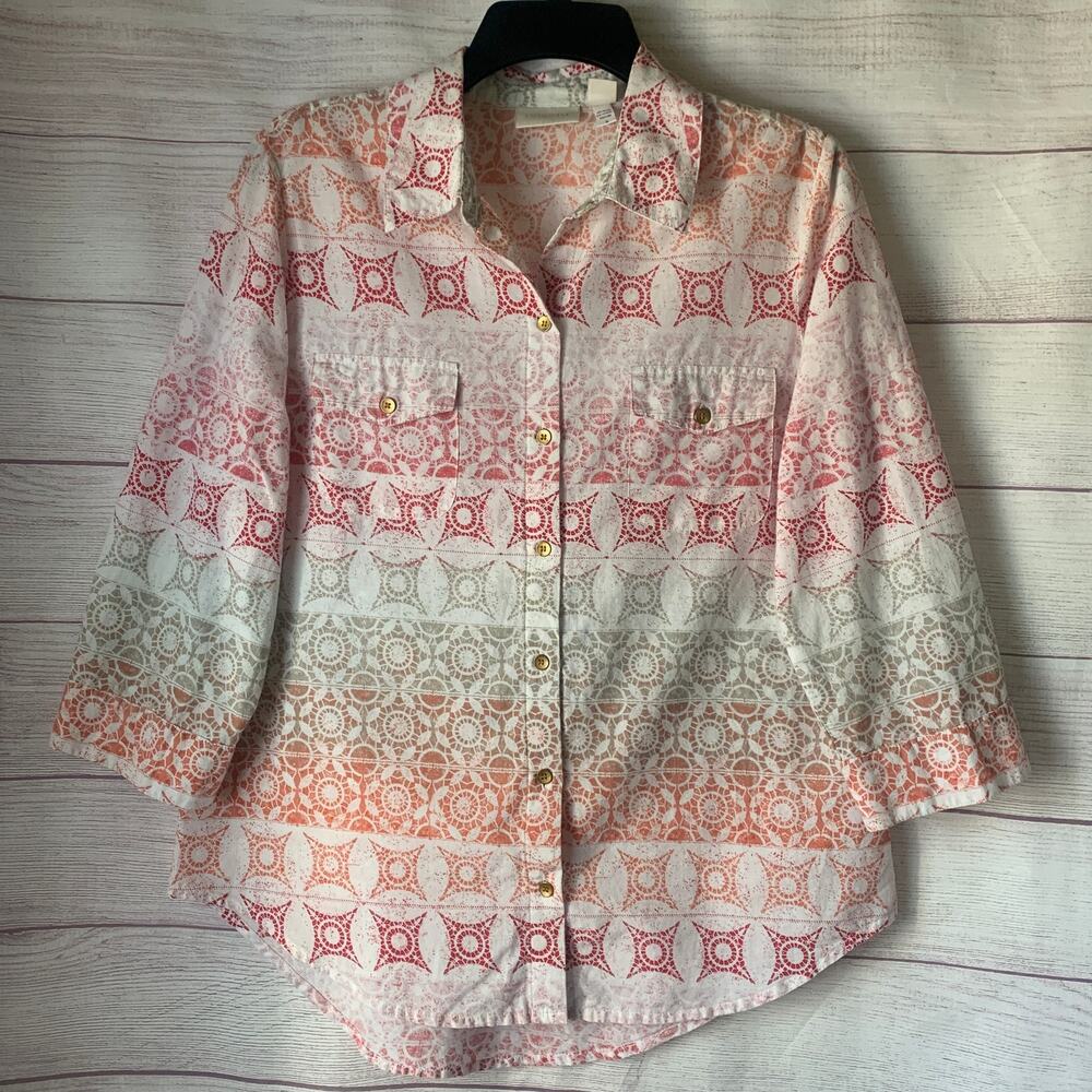Chico's Ombre Gradient Geometric Print Button Up Shirt 3/4 Sleeve Mosaic Size 1